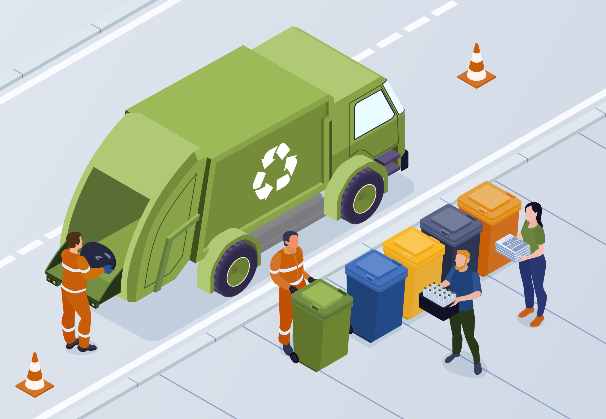 Isometric recycling composition with outdoor view of street with colorful waste bins and dump truck crew vector illustration SSUCv3H4sIAAAAAAACA01RwWrDMAz9FaFzWDd2y3FQxsZgZdut7ODYamfqWEG2k5WSf5+ctLCbpPf0/PR8wc4kb7G9oA+hpCwme47YPjRIzmcWbwK293ODKZtcEiXlamdNpqOiS38T2V/qHFv8EhPTwJJXNV0u3TIu9pRwbm68p+KD8/GYNm8mut6Iojfye8mOWXD+btAcKdpzfVmfFgpkFiN7hU5TJumvrkbviNfSFOdriSNbExR/rK71Qu7r9Chm+PFW/EhSe0fJaoEviXvK4i0I2bMNag4s9wMnX0+Byecf4NUajJ4m4ANobER5xSwHlkMJMJmUCTofE+ht4Eo/QK4BgBVdG8lquvA/9TvYauSmCwTb3eey9UHRkbIivO6e4cDSa24N5t+aHjbXGFettHFkuUqNpBCf9Bfnef4Dqnrt7OMBAAA=